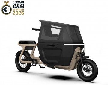 STOER CargoX elektrische bakfiets Desert Sand met regentent en buddyseat