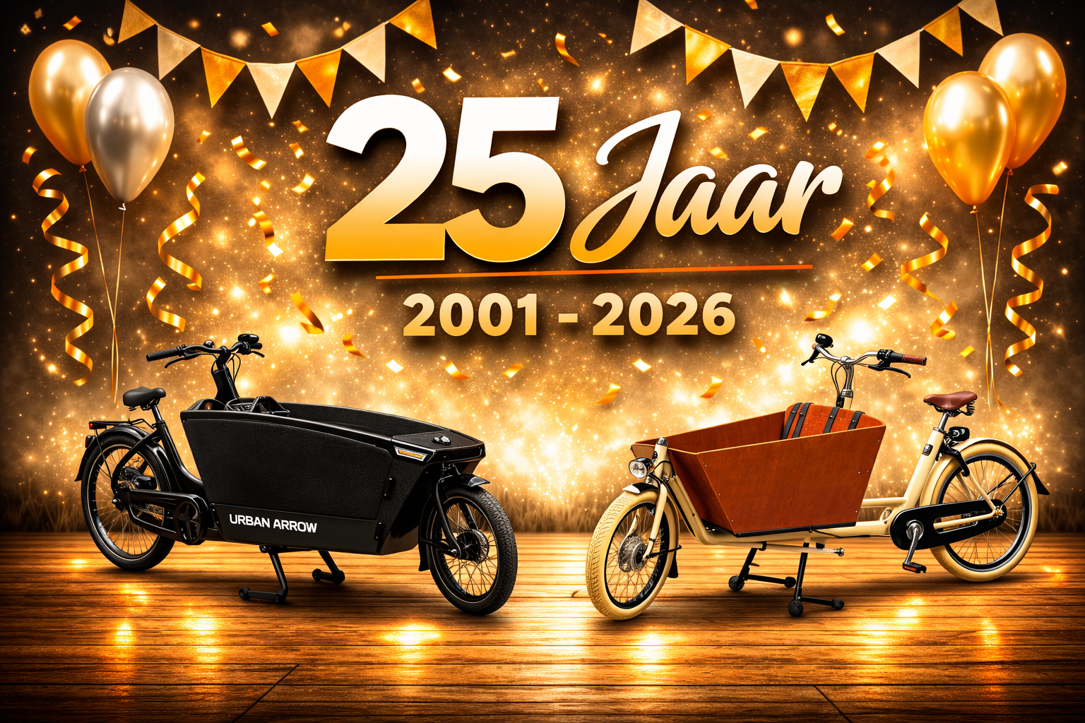 25 jaar Romeco Trading &ndash; jubileumafbeelding met Urban Arrow en Bakfiets.nl bakfiets, specialist in bakfietsen sinds 2005
