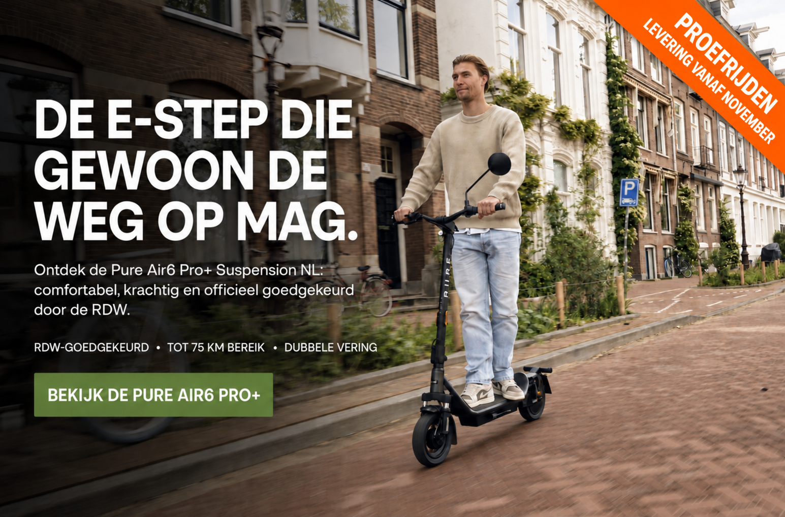 Pure Air6 Pro+ Suspension NL &ndash; RDW-goedgekeurde e-step met dubbele vering en tot 75 km bereik.