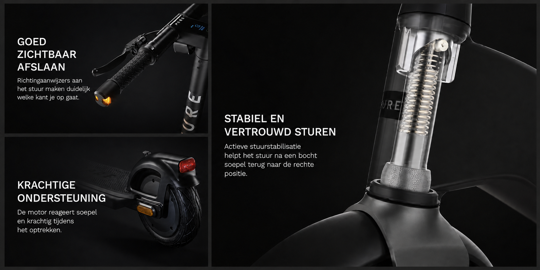 Richtingaanwijzers, motor en actieve stuurstabilisatie van de Pure Air6 Pro+ Suspension NL.